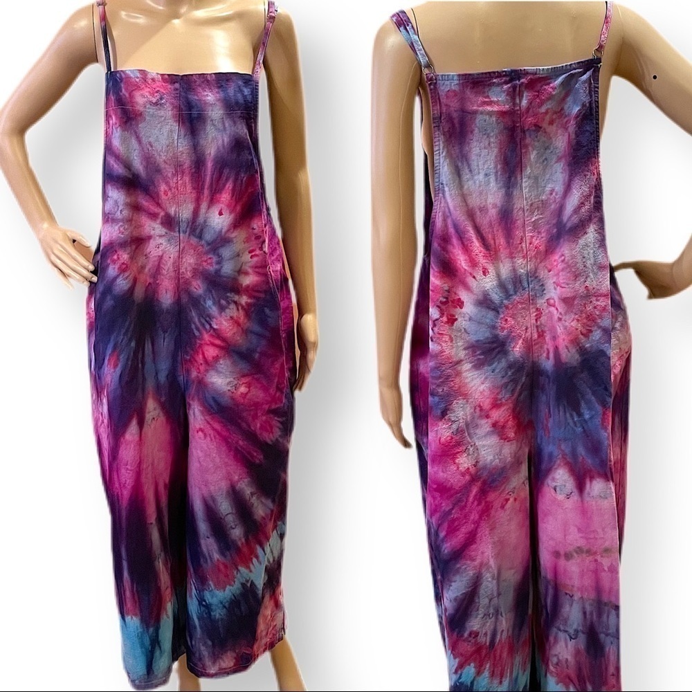Festival tie dye jumpsuit romper ankle length bibs overalls purple spiral L